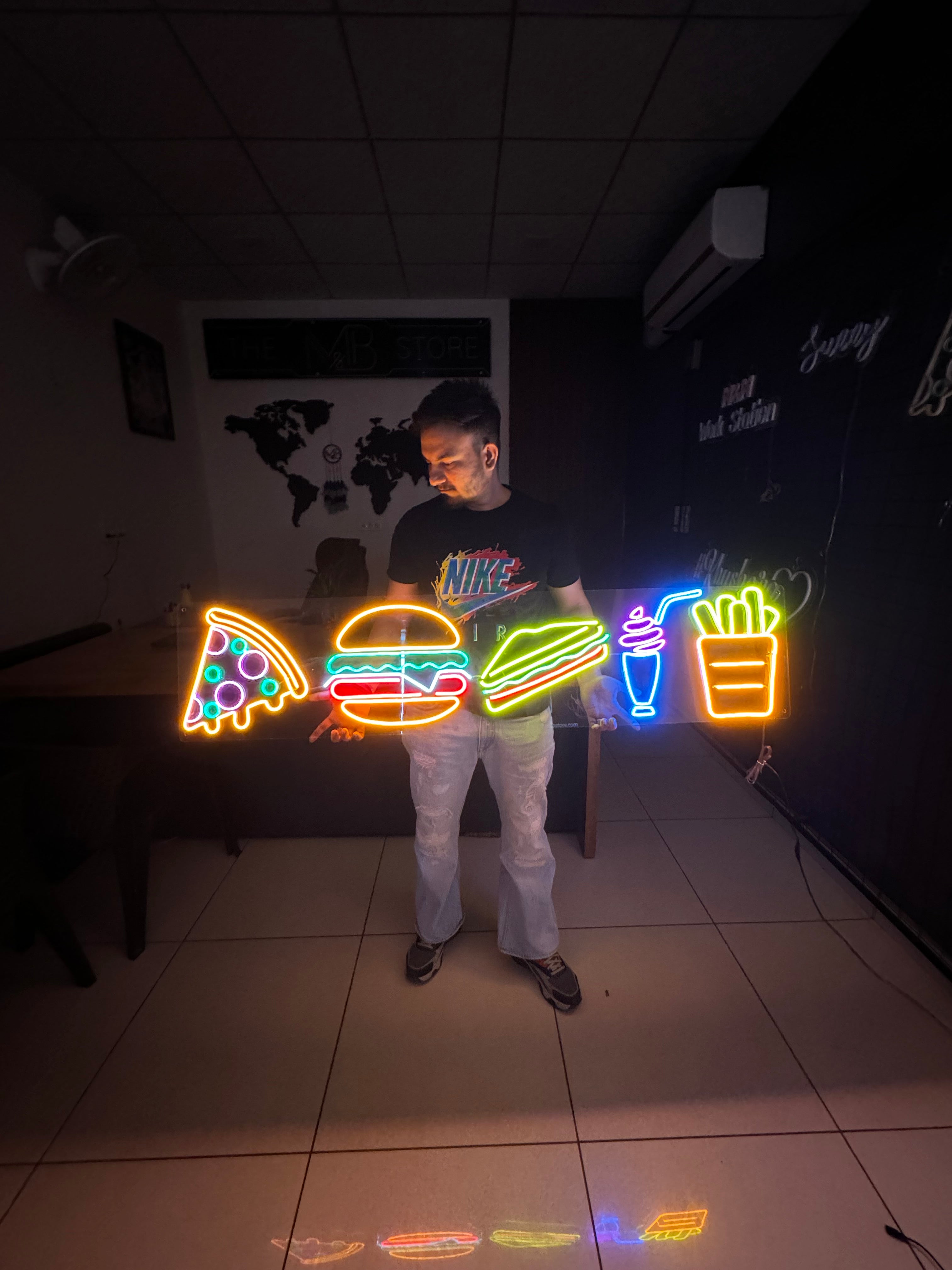 Pizza Burger Sandwiches Shakes Fries Neon Sign