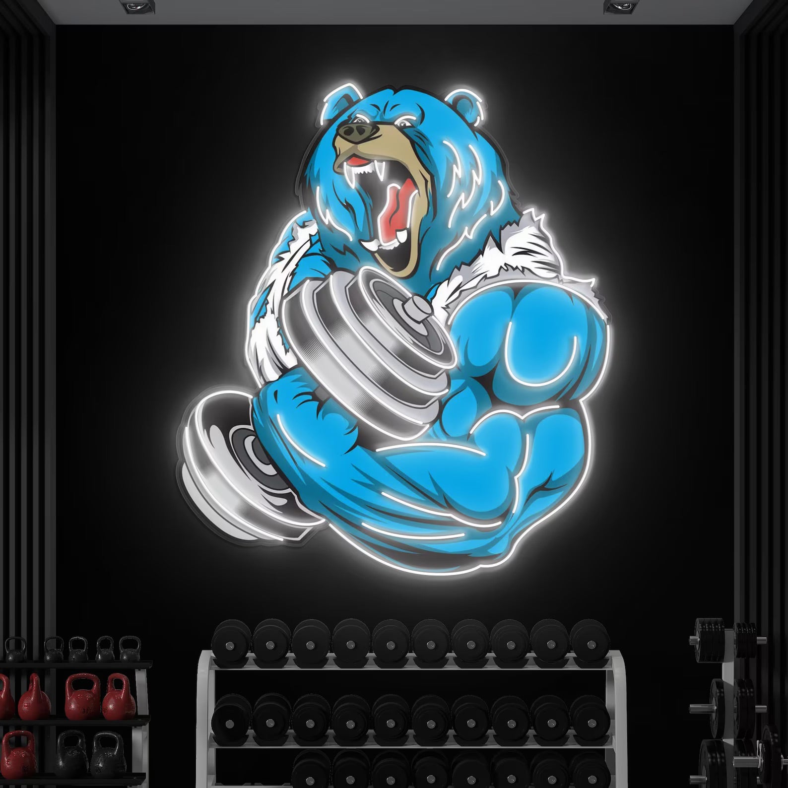 Agressive Bear Lifting Dumbell Neon Sign