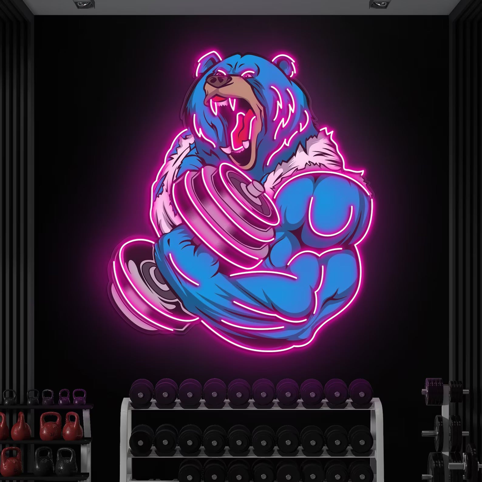 Agressive Bear Lifting Dumbell Neon Sign