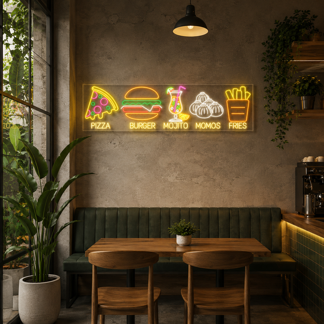 Pizza, Burger, Mojito, Momos & Fries Neon Sign