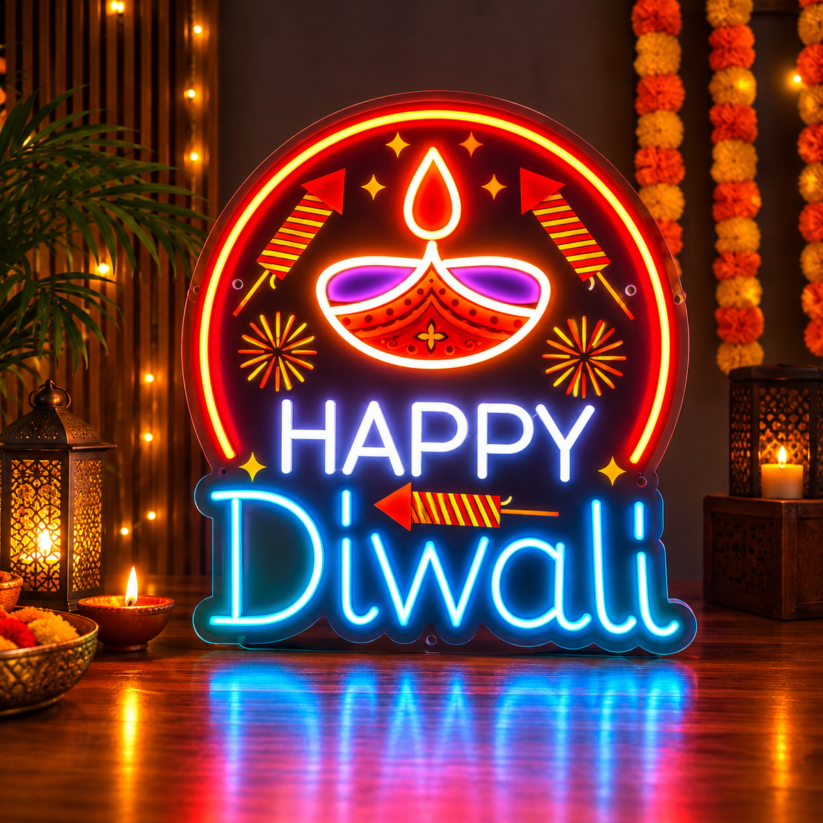 Happy Diwali Neon Sign with Diya | Multicolor LED Festive Light