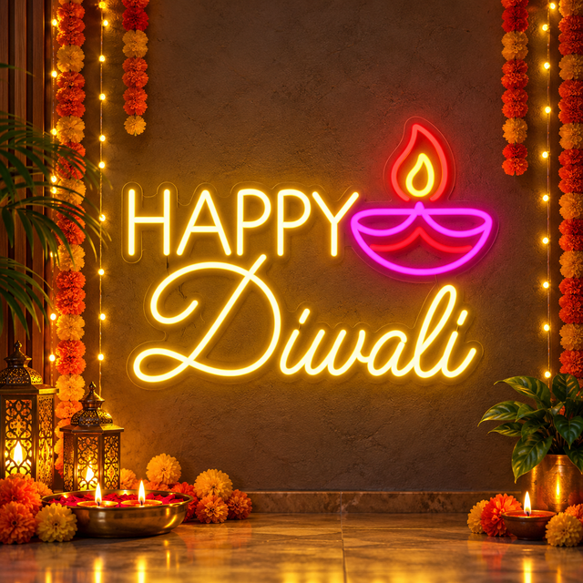 Happy Diwali Neon Sign with Diya | LED Diwali Decoration Light