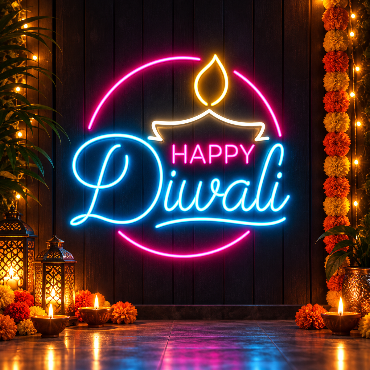 Happy Diwali multicolour LED neon sign with blue lettering, pink accents and warm white diya design for festive decoration