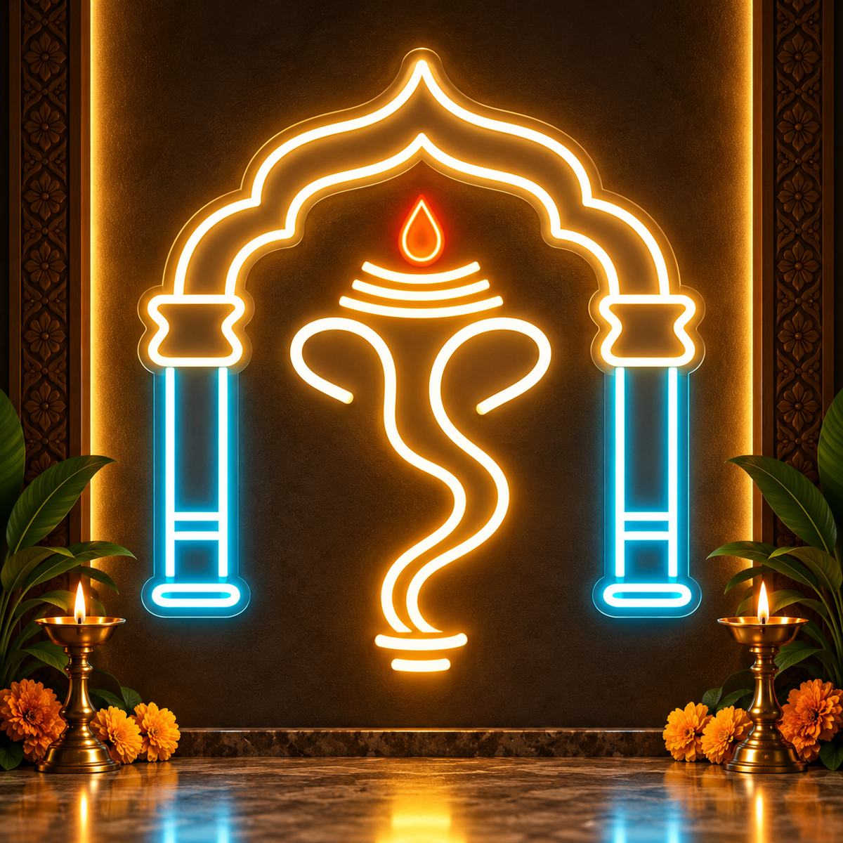Ganesha Neon Sign with Temple Toran | LED Ganpati Wall Light for Home & Pooja Room