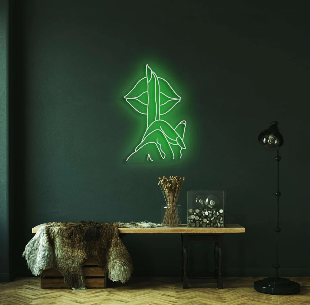 Be Quiet Finger on Lips Neon Sign