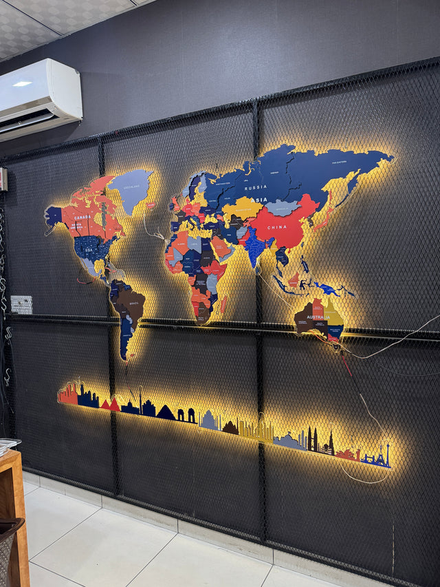 Premium LED Backlit Wooden World Map Wall Art with City Skyline