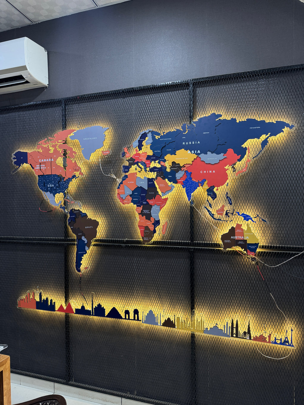 Premium LED Backlit Wooden World Map Wall Art with City Skyline