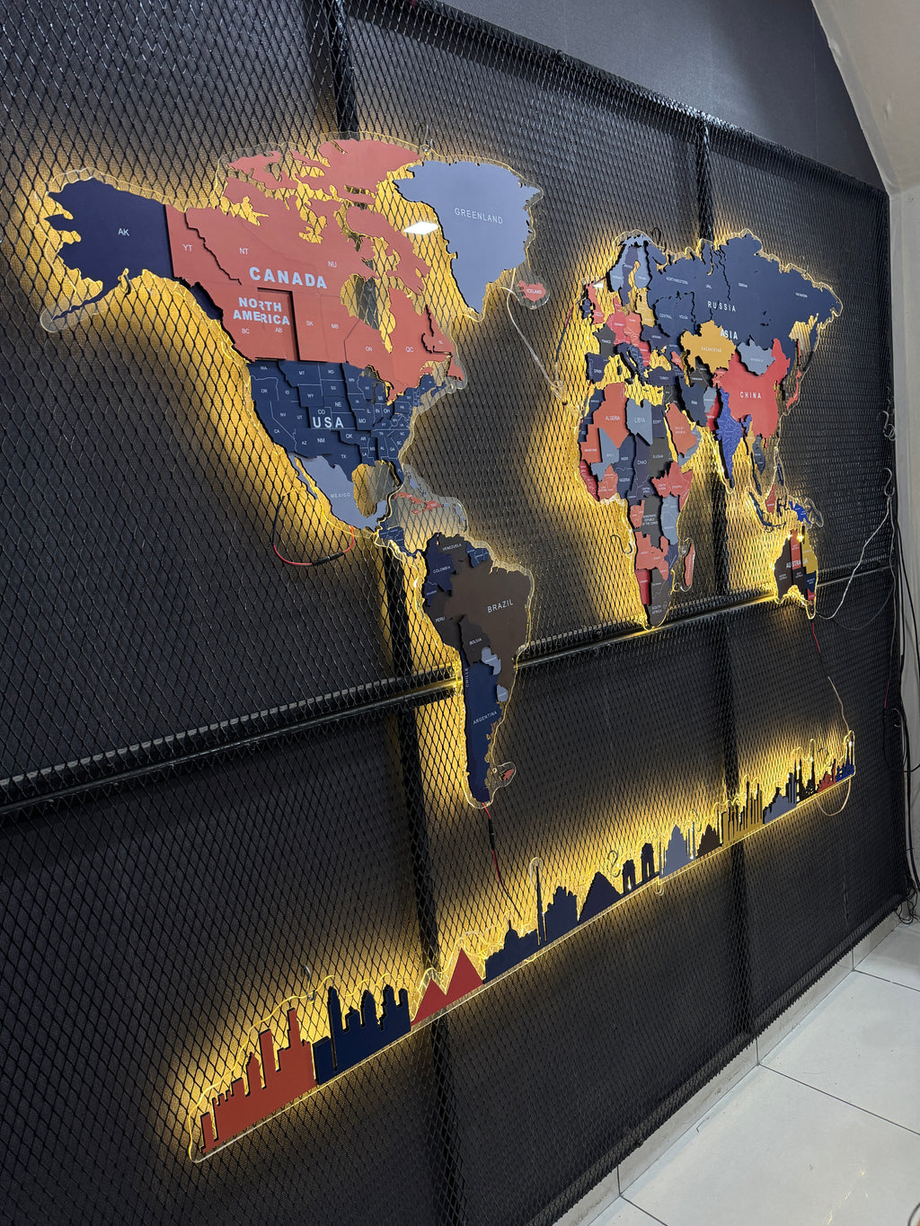 Premium LED Backlit Wooden World Map Wall Art with City Skyline
