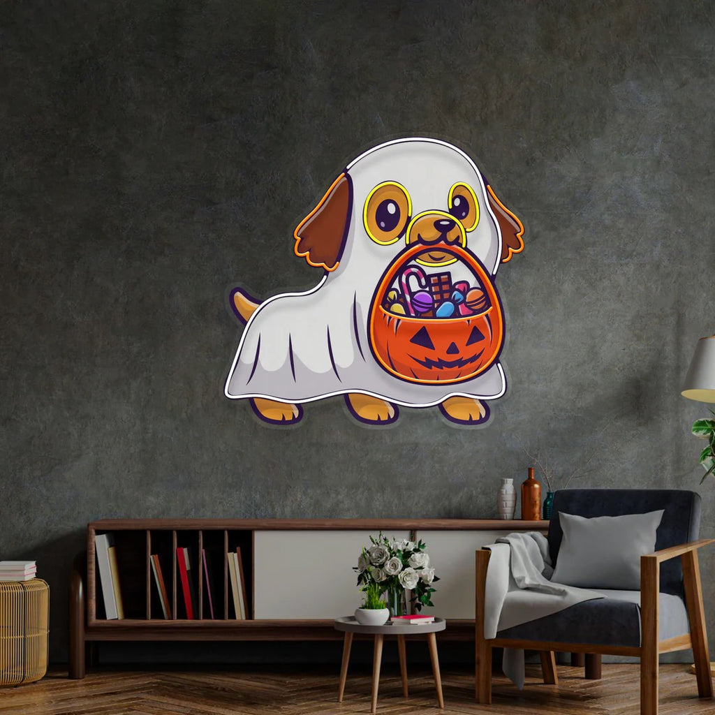 Cute Ghost Dog With Pumpkin Halloween Cartoon