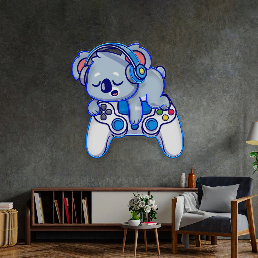 Cute Koala Sleeping On Game Controller With Headphone Pop Art