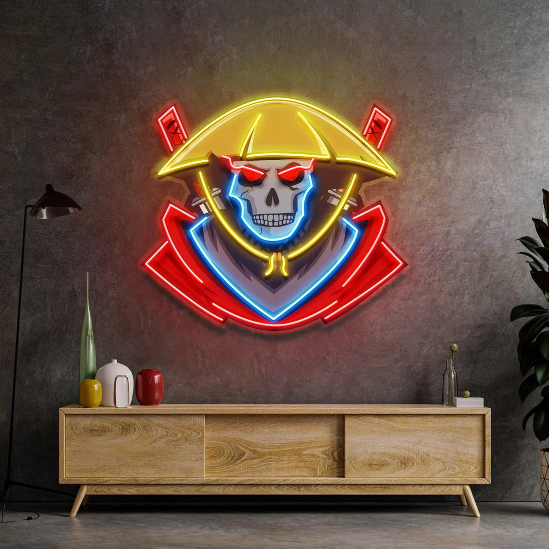 Kunpei_yamanashi　デジタルプリント  NEON SKULLⅠ Dark Samurai Skull LED Sign Pop Art – The MB Store