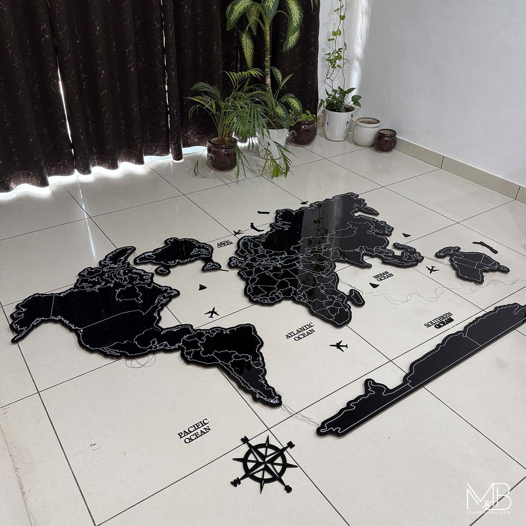 Premium Black Acrylic World Map (UV Printed | LED & RGB Options