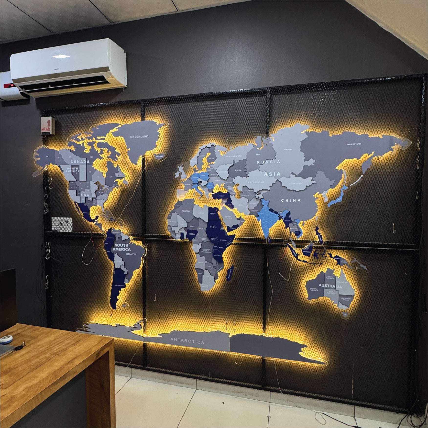 Grey LED Backlit Wooden World Map Layered Wall Art