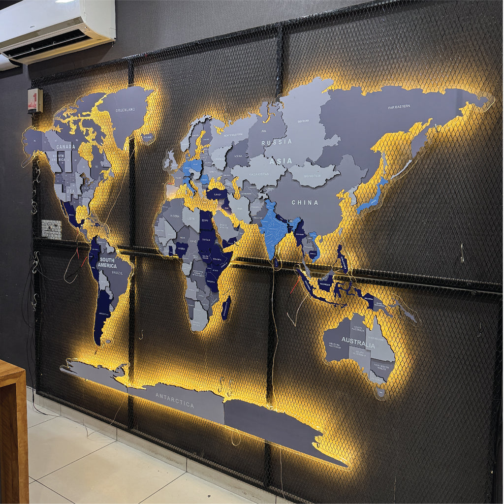 Grey LED Backlit Wooden World Map Layered Wall Art