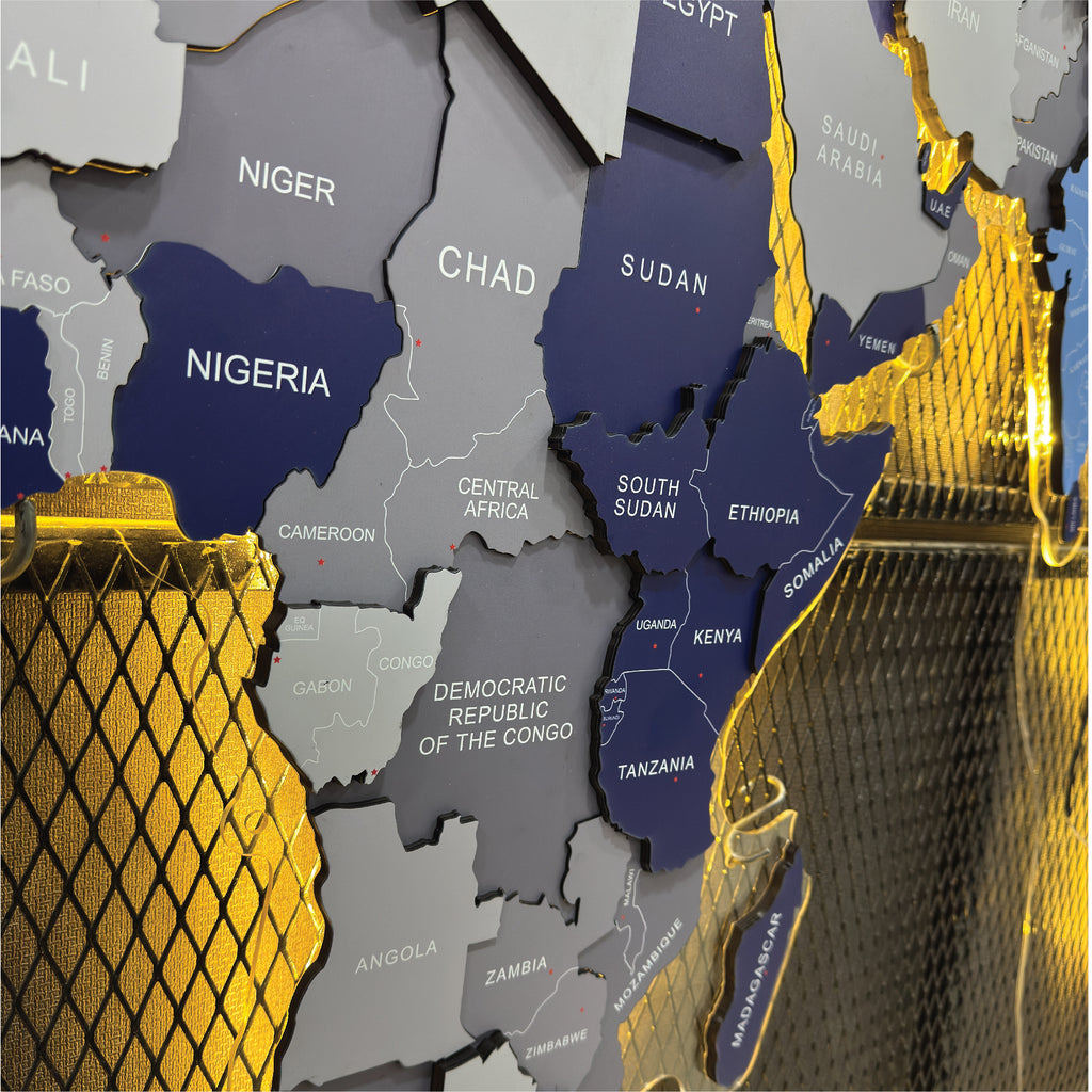 Grey LED Backlit Wooden World Map Layered Wall Art