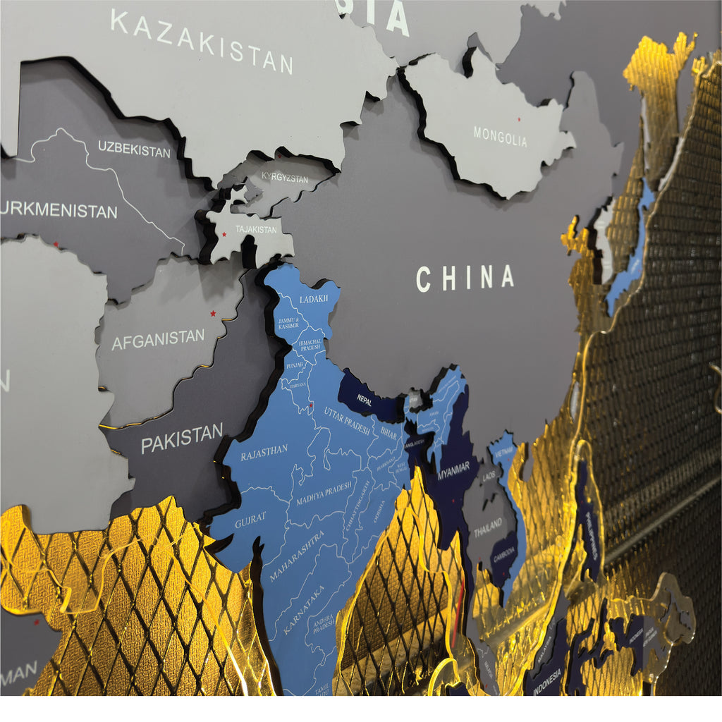 Grey LED Backlit Wooden World Map Layered Wall Art