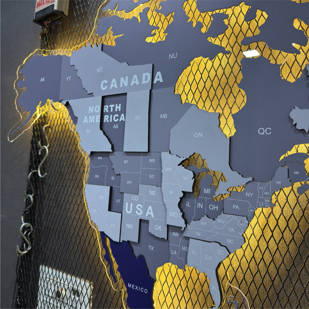 Grey LED Backlit Wooden World Map Layered Wall Art