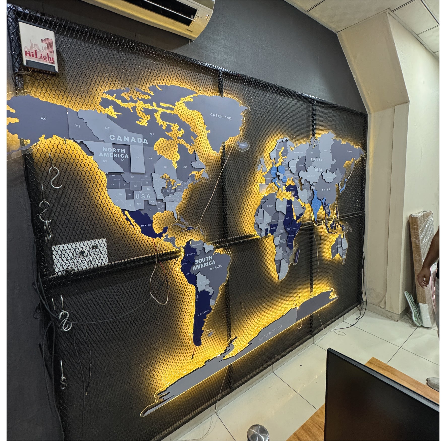 Grey LED Backlit Wooden World Map Layered Wall Art