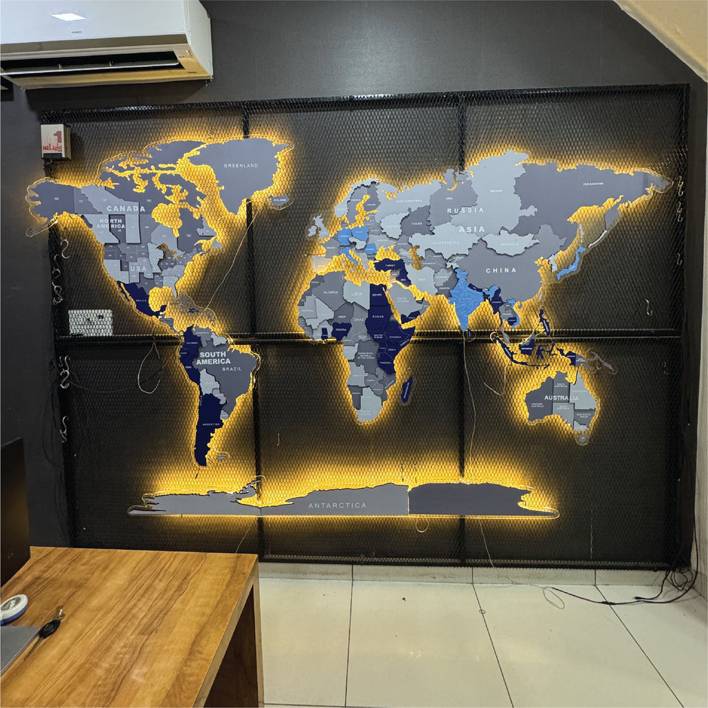 Grey LED Backlit Wooden World Map Layered Wall Art