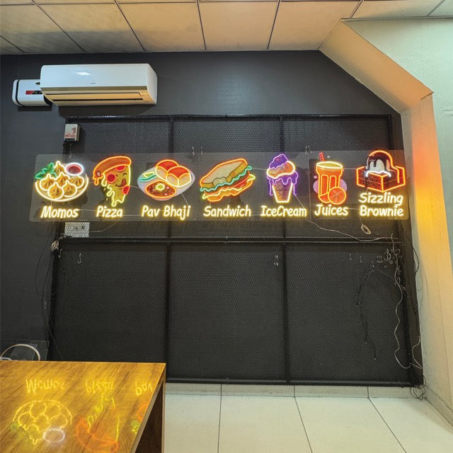 Momos Pizza Pavbhaji  Sanwich Icecream Juice  Brownies PopArt Neon