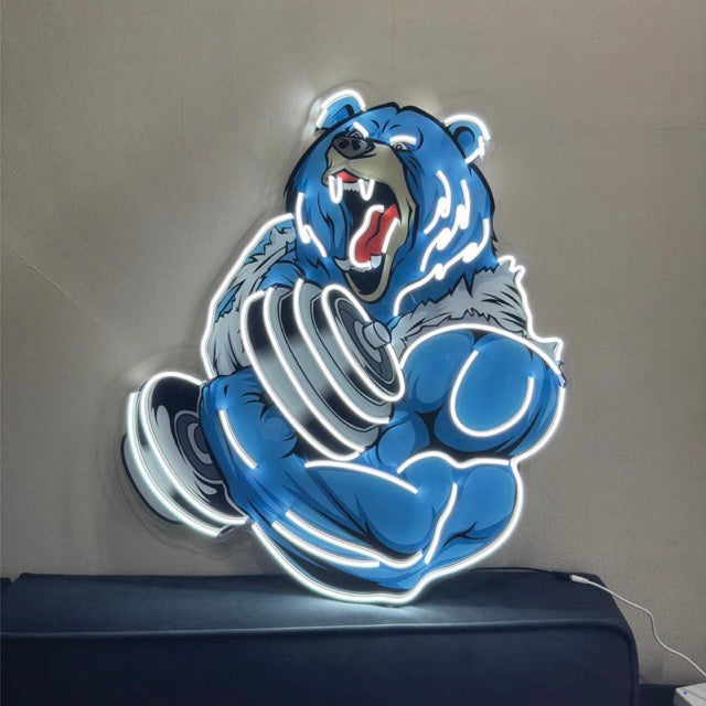Agressive Bear Lifting Dumbell Neon Sign