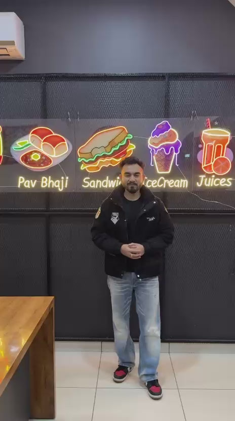 Momos Pizza Pavbhaji  Sanwich Icecream Juice  Brownies PopArt Neon