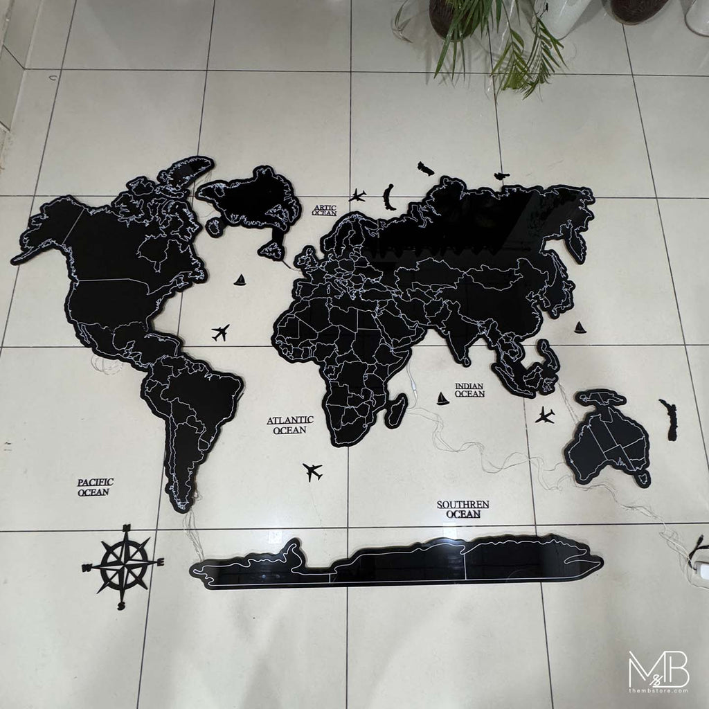 Premium Black Acrylic World Map (UV Printed | LED & RGB Options