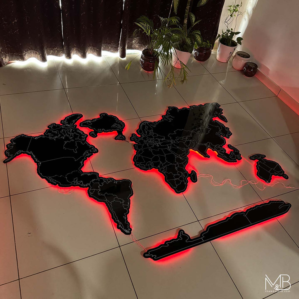 Premium Black Acrylic World Map (UV Printed | LED & RGB Options