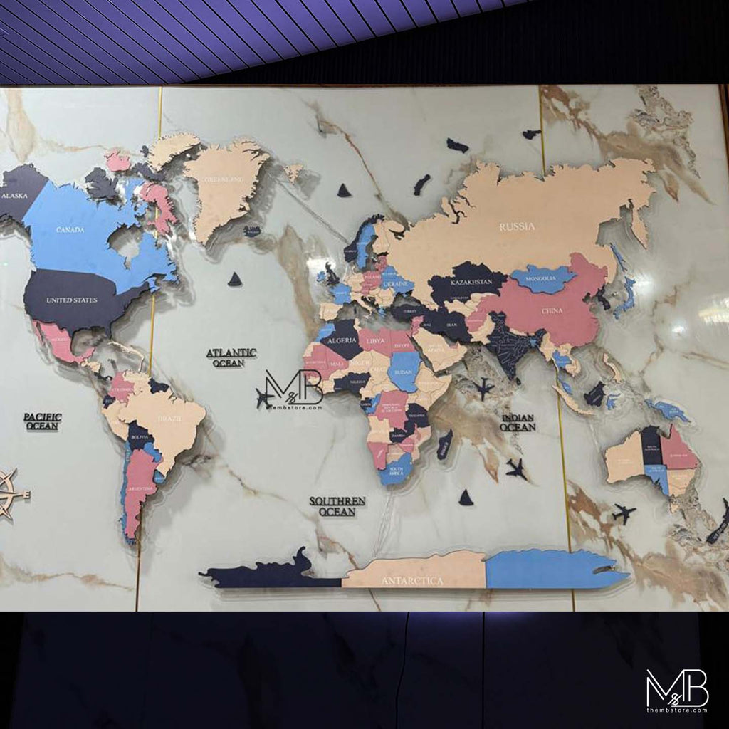 Premium 4-Layer Wooden & Acrylic World Map (Light Color Edition)