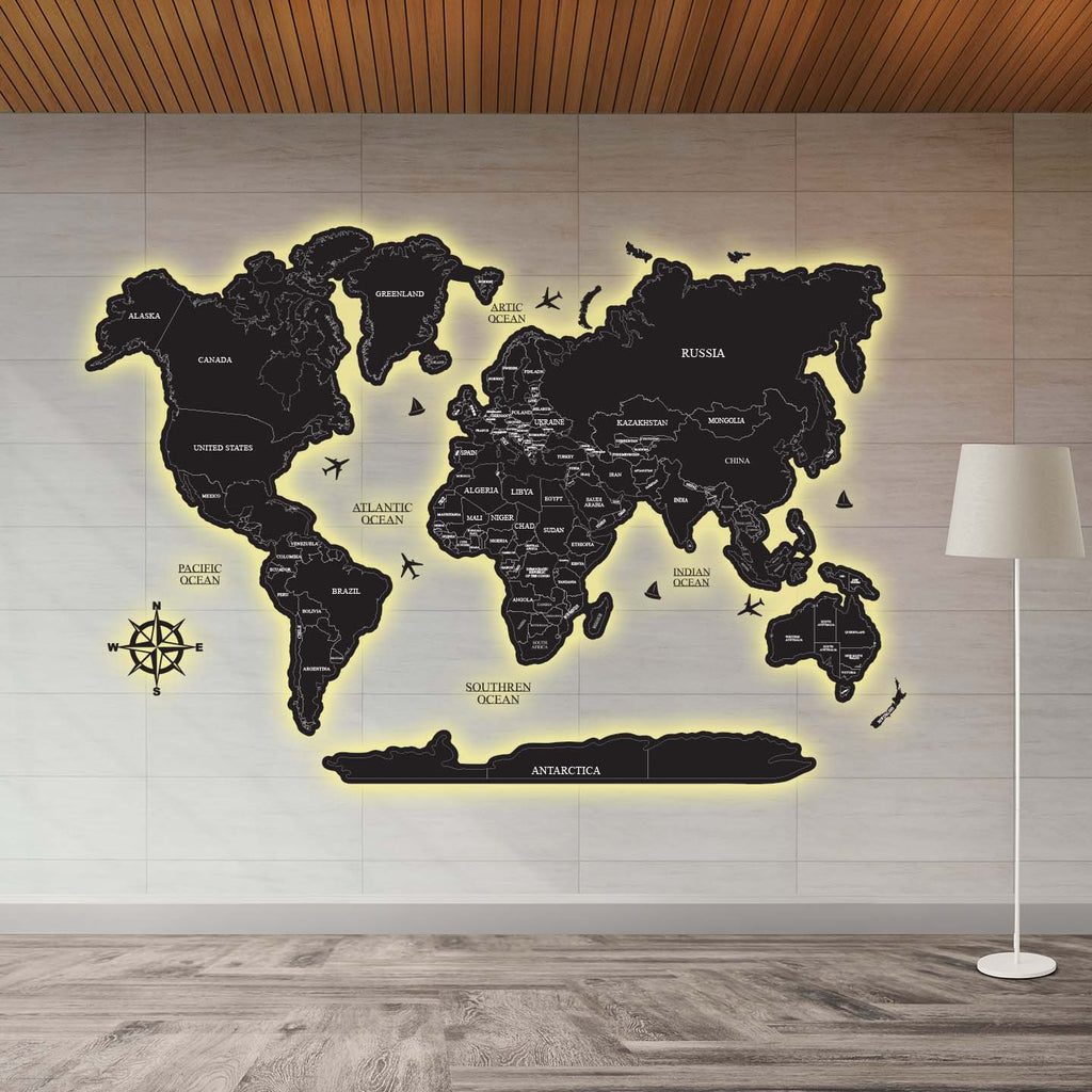 Premium Black Acrylic World Map (UV Printed | LED & RGB Options