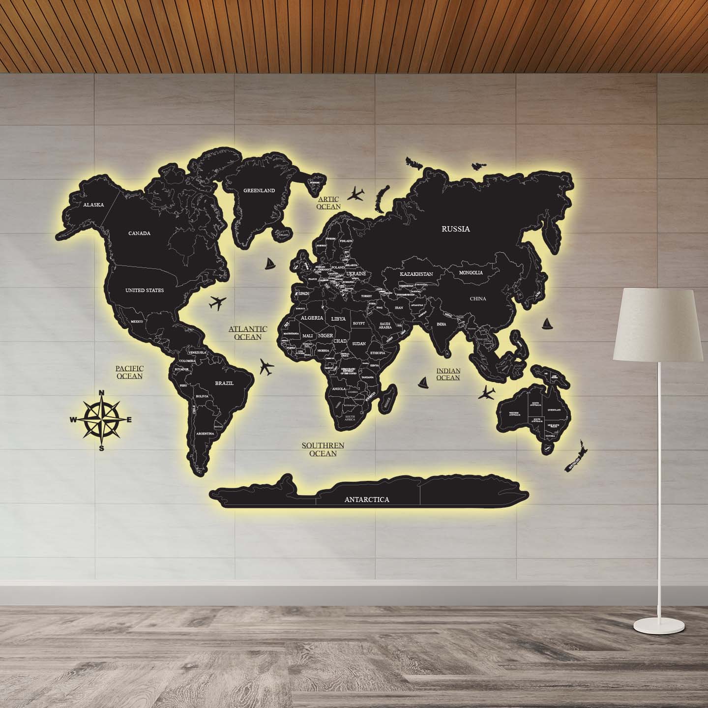 Premium Black Acrylic World Map (UV Printed | LED & RGB Options