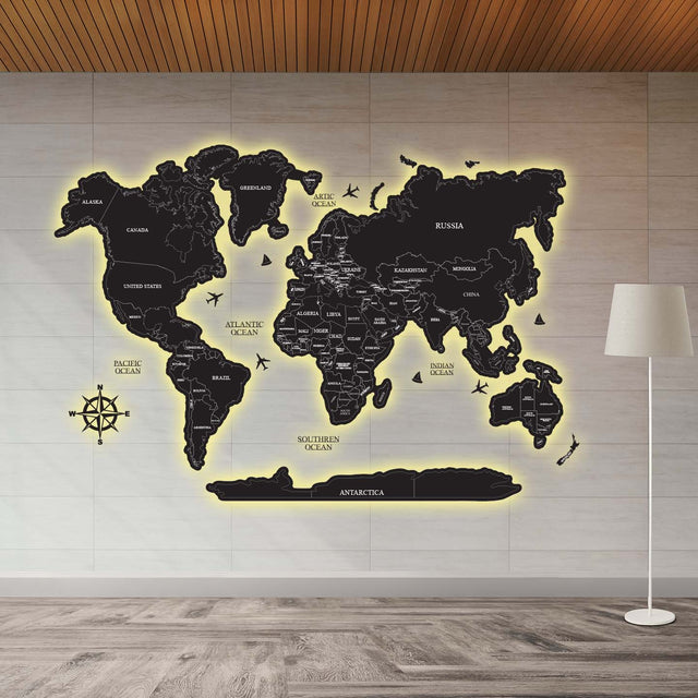 Premium Black Acrylic World Map (UV Printed | LED & RGB Options