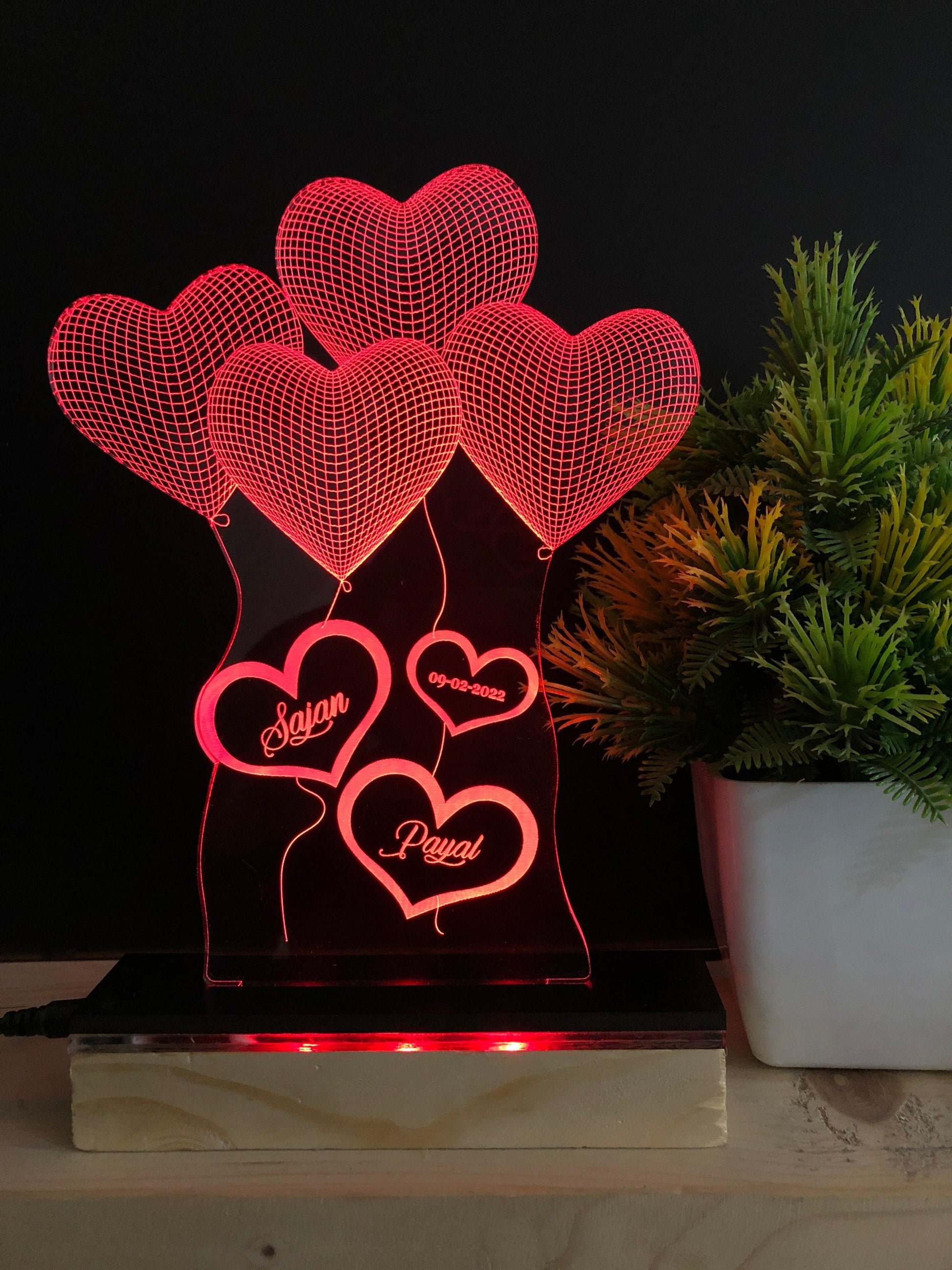 4 Heart 3D Illusion Lamp with any Name and Date